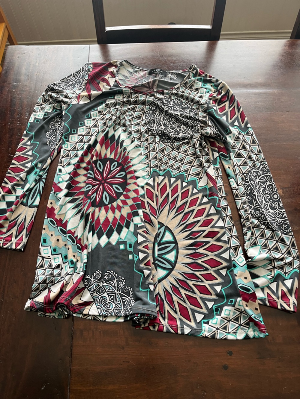 Printed Long Sleeve Women’s Top in Teal & Burgundy